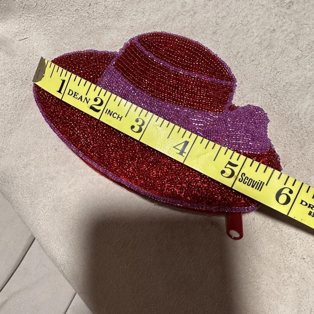 Red Hat Society Vintage Purple Trim Seed Beaded‎ Keychain Coin Purse Wallet
